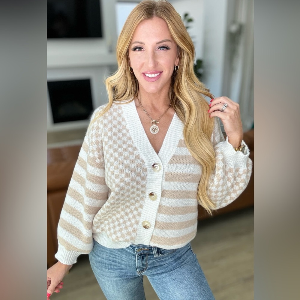 New Buttoned cardigan multi design. whimsical checkered and striped sweate…